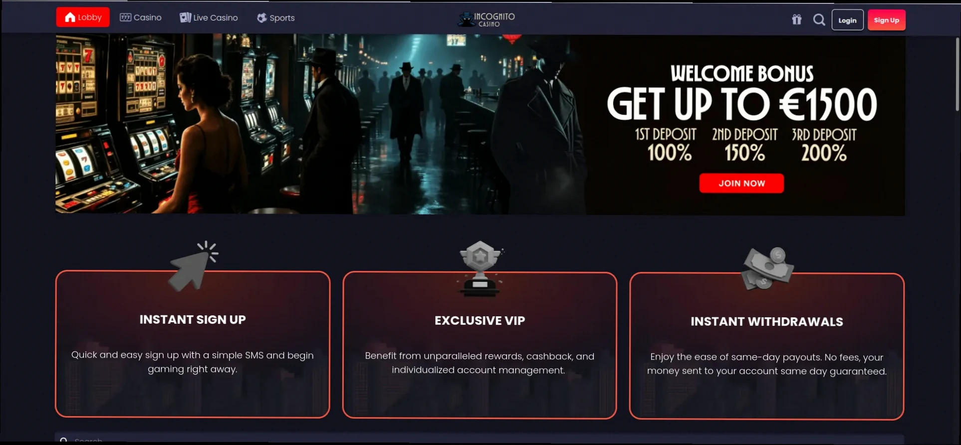 Incognito Casino 450% Welkomstbonus tot €1.500 + 150 Gratis Spins